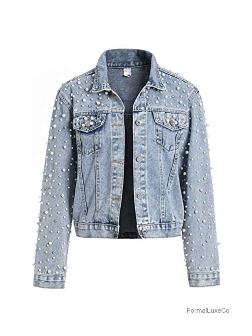 Cropped Denim Jacket Rhinestone Pearl Jean Jacket Coat